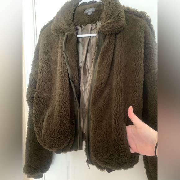 &merci Faux Fur Dark Olive Bomber Jacket - Picture 6 of 10